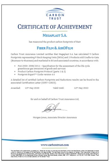 Certificate of Achievement for calculated CO2 emissions of Fiber Film & AirOfilm