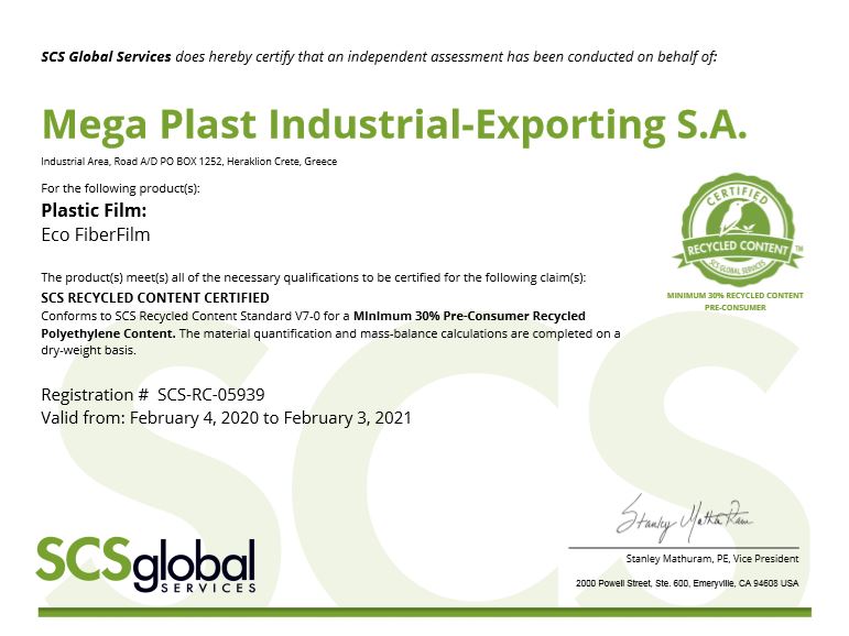 ECO FIBER FILM CERTIFICATION FOR RECYCLED CONTENT
