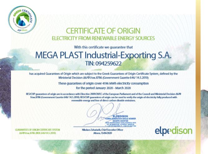 Green Certificate 2020 for Electric Energy of MEGAPLAST