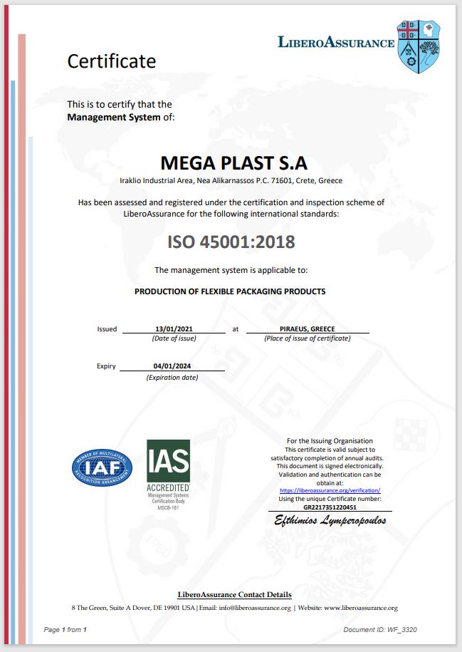 CERTIFICATE FOR HEALTH AND SAFETY IN THE WORKPLACE (ISO 45001: 2018)