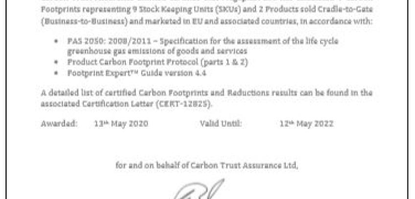 Certificate of Achievement for calculated CO2 emissions of Fiber Film & AirOfilm