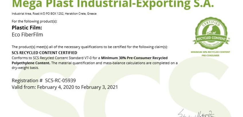 ECO FIBER FILM CERTIFICATION FOR RECYCLED CONTENT
