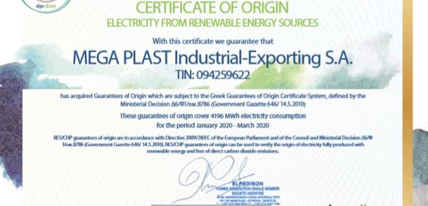 Green Certificate 2020 for Electric Energy of MEGAPLAST